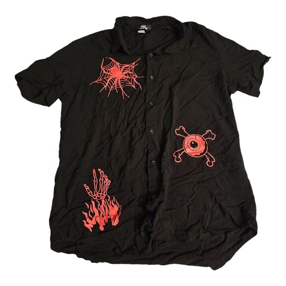 Social Collison Men's Medium Button Up Shirt Skull Print Rayon Punk - Picture 1 of 3